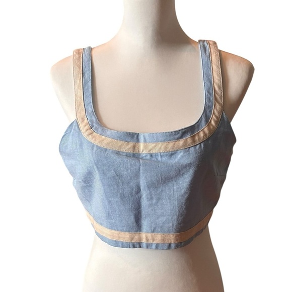 AVEC LES FILLES Linen Blend Colorblock Crop Top In Ice Blue SZ M new - Picture 6 of 10